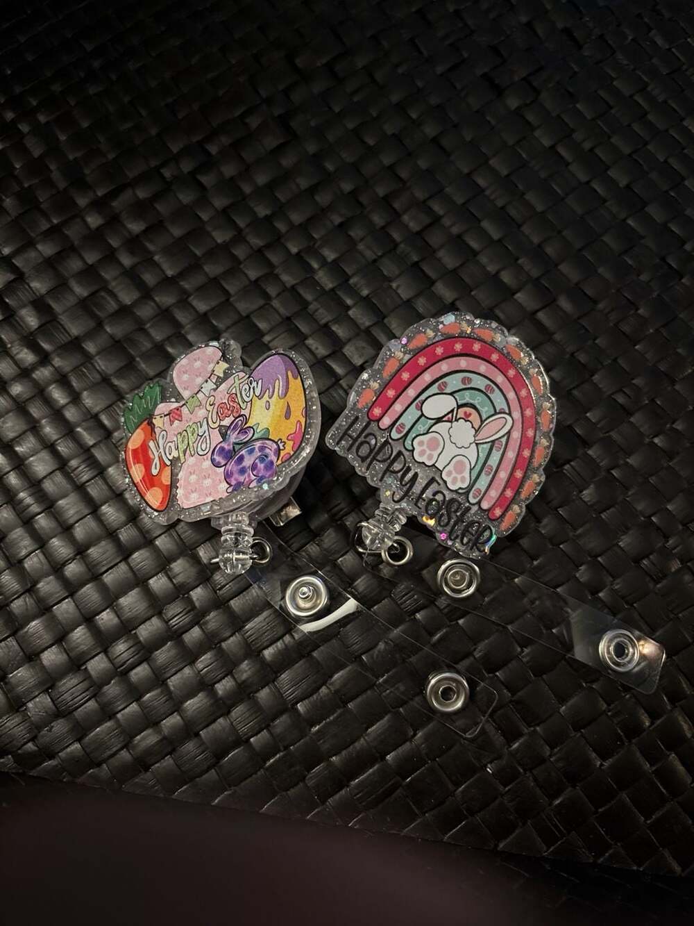 Set of 2 Happy Easter Retractable Badge Reels Bunny Rainbow Acrylic ID Holders